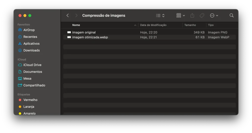 Compressão e otimização de imagens. Note que a imagem original tinha 349kb enquanto a imagem otimizada tem apenas 61kb