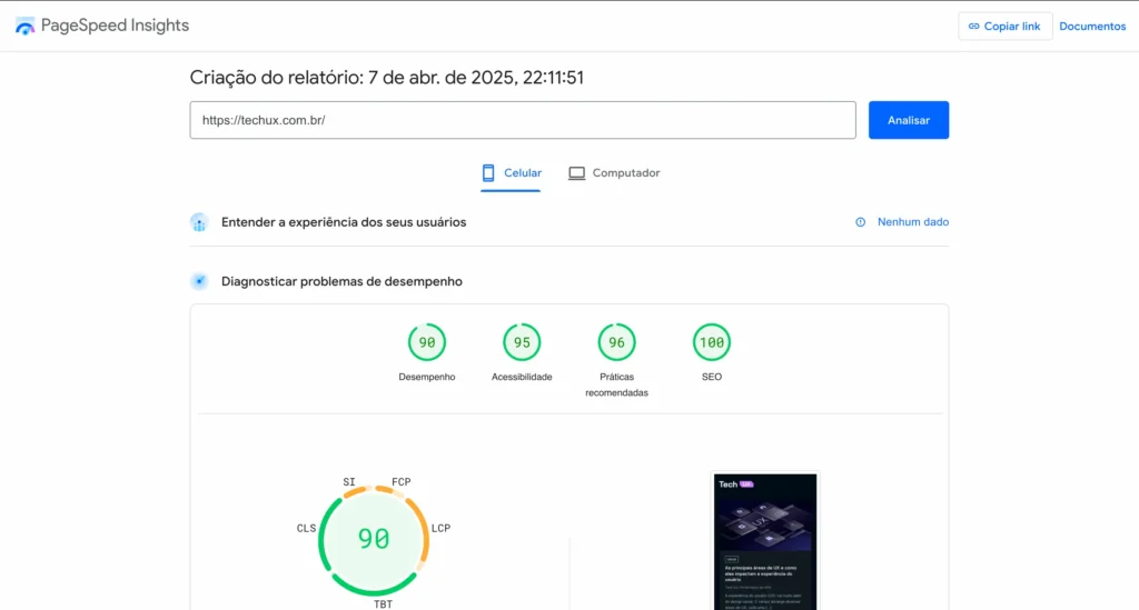 Imagem do Google Pagespeed Insights, utilizado para melhorar a performance e a UX dos sites